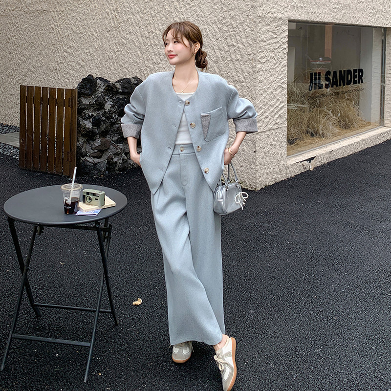 高级感小众浅蓝色西服套装女春秋季2025新款宽松显瘦阔腿裤两件套,女装套装/套裙,2C277