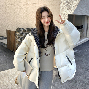 设计感假两件条纹连帽羽绒服女冬季宽松加厚面包服保暖外套图片