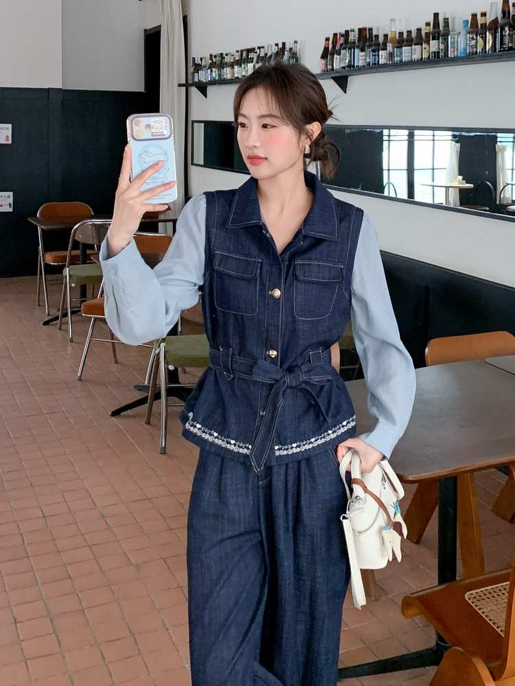 【新款，现货】26春牛仔衬衣马甲拼接假两件套2C215-P205-K328,女装套装/套裙,2C215