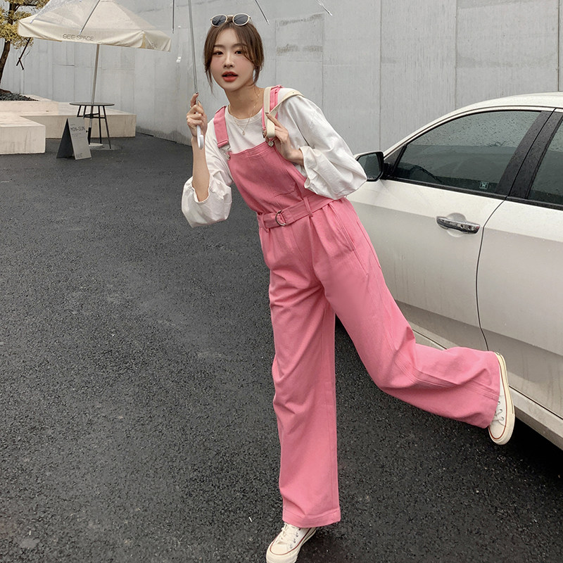 小清新工装背带裤女春夏收腰2025年新款韩版宽松小个子直筒阔腿裤,女装休闲裤,2C037