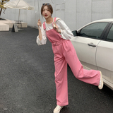 小清新工装背带裤女春夏收腰2025年新款韩版宽松小个子直筒阔腿裤，女装休闲裤，2C037