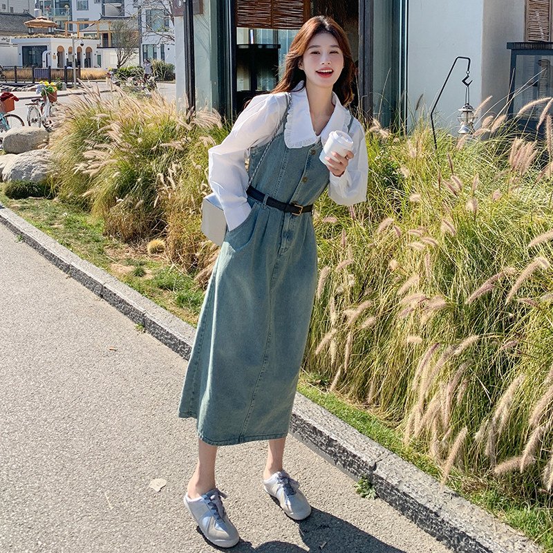 娃娃领衬衫牛仔背带裙套装女2025年秋季新款收腰设计感a字连衣裙,女装套装/套裙,2C159