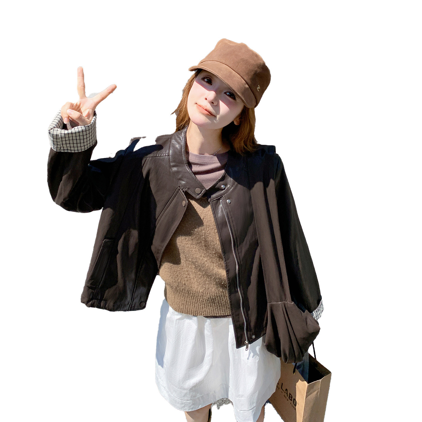 咖色甜酷风韩版皮衣夹克女秋季2025新款小个子休闲显瘦百搭短外套,女装皮衣,2C126
