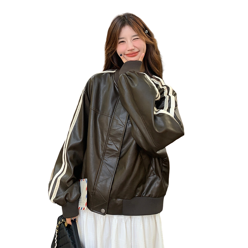 学院风PU皮黑色棒球服短外套女春秋2025新款超火好看机车夹克上衣,女装皮衣,2D035