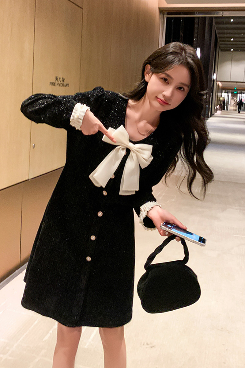 富家千金黑色小香风连衣裙女春秋新款名媛气质高级感超好看小个子,女装连衣裙,2C029