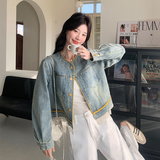 蕾丝拼接圆领牛仔外套女2025春季新款高级感复古时尚小个子夹克潮，女装短外套，2C056
