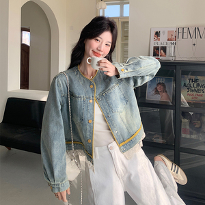 蕾丝拼接圆领牛仔外套女2025春季新款高级感复古时尚小个子夹克潮图片