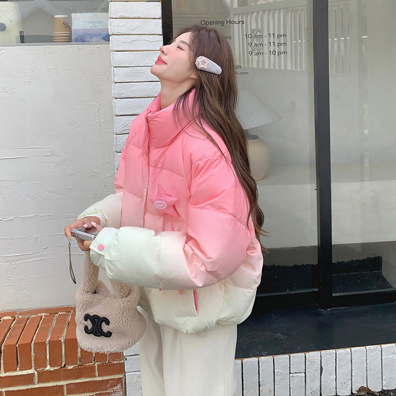 韩版减龄粉色渐变短款羽绒服女2025年冬季新款加厚显瘦白鸭绒外套,女装羽绒服,2C218