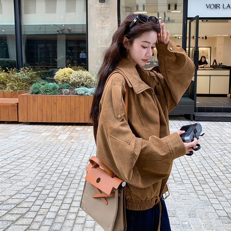 美拉德复古驼色麂皮绒外套女2025秋季慵懒风宽松机车炸街夹克上衣,女装短外套,2C159