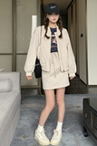 杏色工装风宽松短裙套装女2025新款秋季时髦复古设计感上衣两件套，女装套装/套裙，2C016