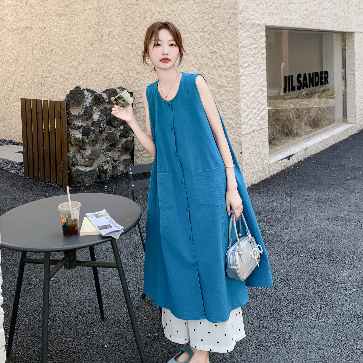 蓝色叠穿波点阔腿裤连衣裙套装女夏日绝美两件套流行独特漂亮超火,女装套装/套裙,2C277
