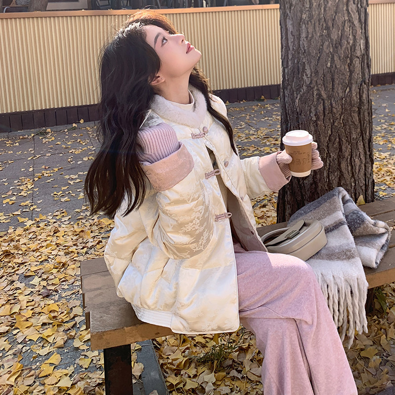 新中式国风提花羽绒服女冬季2025新款超好看盘扣气质短款小个子,女装羽绒服,2C057