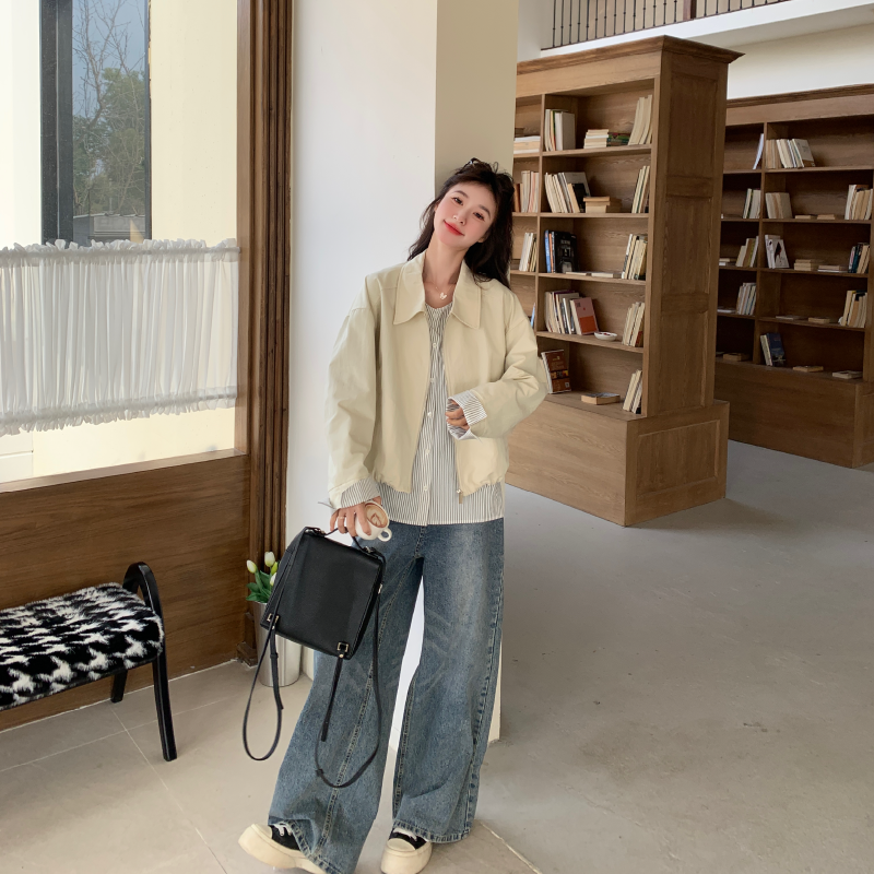 2025春季新款韩系复古条纹袖口翻领拉链短皮外套今年流行假两件女,女装短外套,2D146