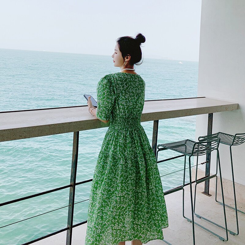 温柔风黄色碎花连衣裙女2023年夏季新款法式可盐可甜初恋甜美裙子,女装连衣裙,2C177