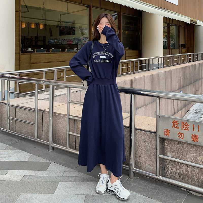 学院风藏青色长袖卫衣连衣裙女春秋2025新款高级感超好看显瘦长裙,女装连衣裙,2C009