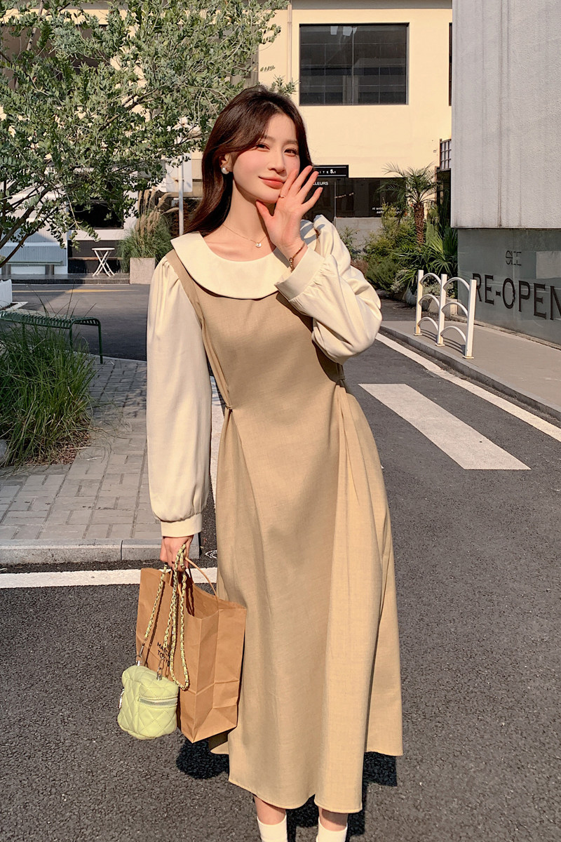 卡其色时尚假两件长袖连衣裙女2025春新款俏皮洋气减龄收腰长裙子,女装连衣裙,2C092