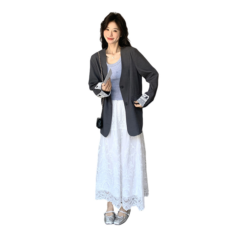 灰色轻熟风蕾丝拼接气质西服女秋季2025新款小个子显瘦小西装外套,女装西装,2C126