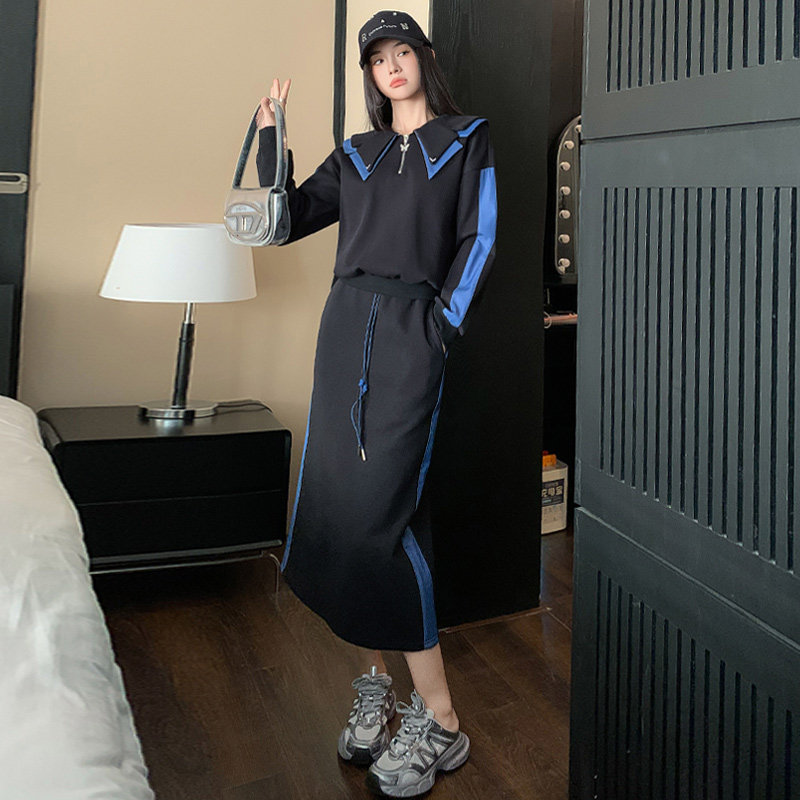 女春季拼接色花瓣衣领卫衣长半身裙两件套洋气潮,女装套装/套裙,2C310