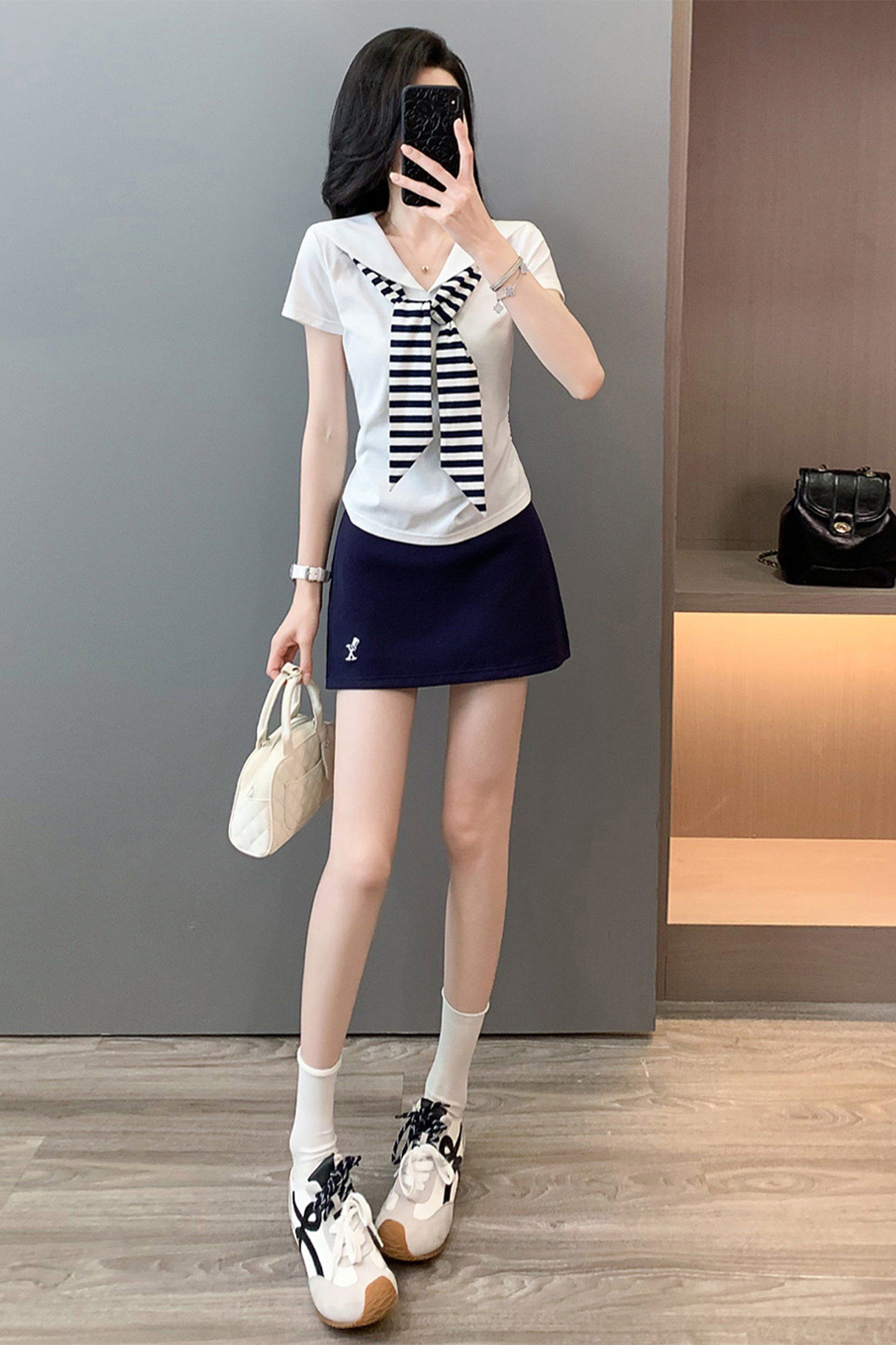 女夏季新款韩版时尚套装裙设计感海军领甜美蝴蝶结短袖裤裙两件套,女装套装/套裙,2C310