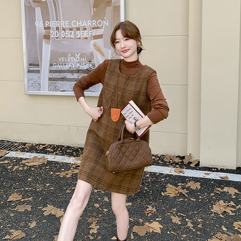咖色格纹小香风无袖女小个子洋气显瘦连衣裙两件套6062P165K228,女装连衣裙,2C166