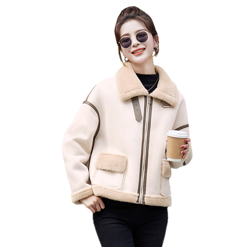 皮毛一体羊羔毛外套2025冬季新款鹿皮绒宽松机车服,女装短外套,自然秀