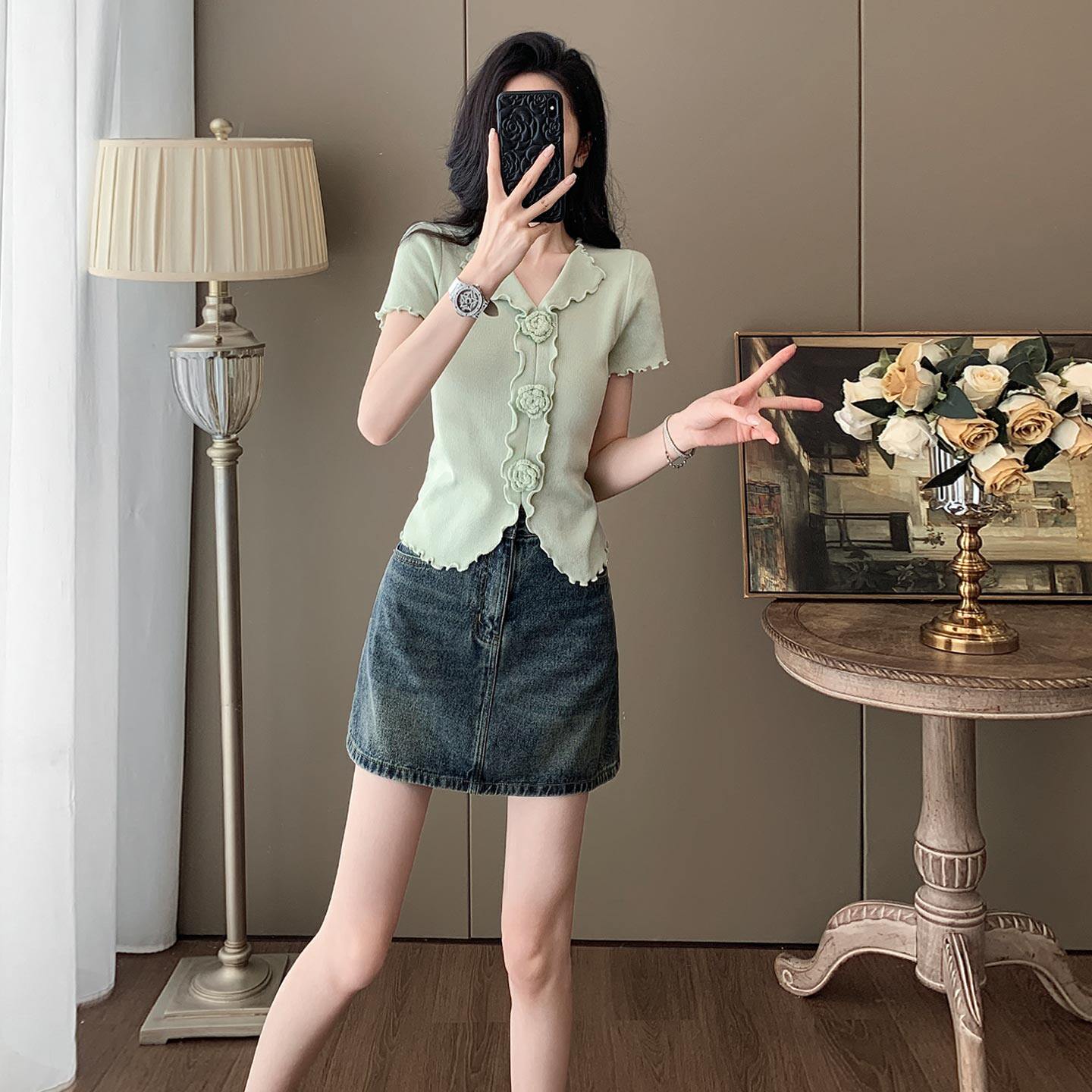 设计感时尚套装女夏季新款修身显瘦立体花朵短袖蓝色牛仔裙两件套,女装套装/套裙,2C310