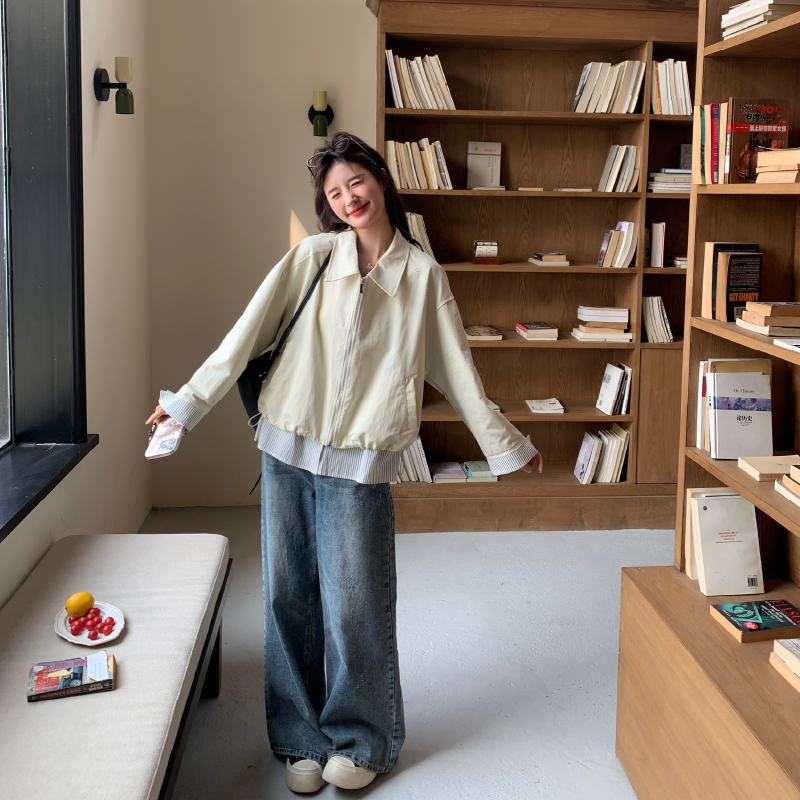 2025春季新款韩系复古条纹袖口翻领拉链短皮外套今年流行假两件女,女装短外套,2D146