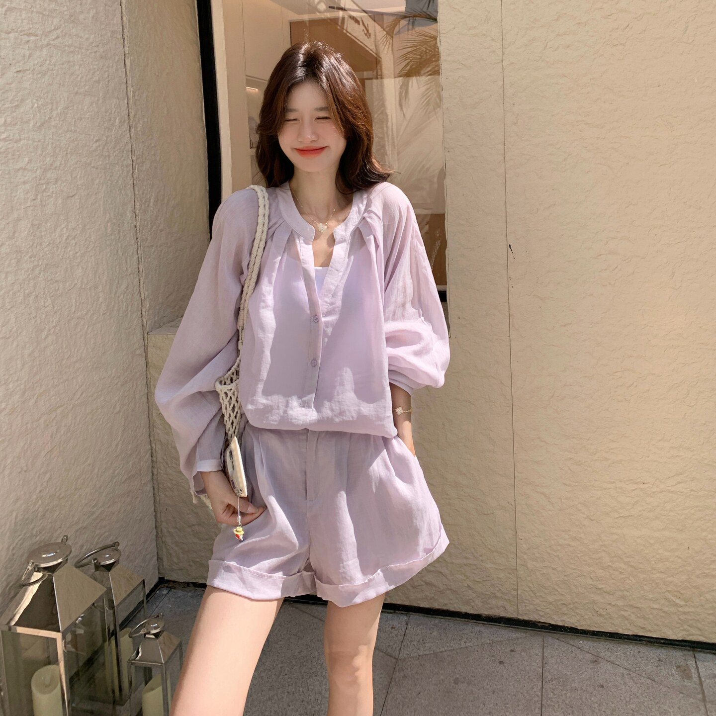 紫色超好看轻薄防晒衬衫套装女夏季新款小个子甜美减龄短裤两件套图片