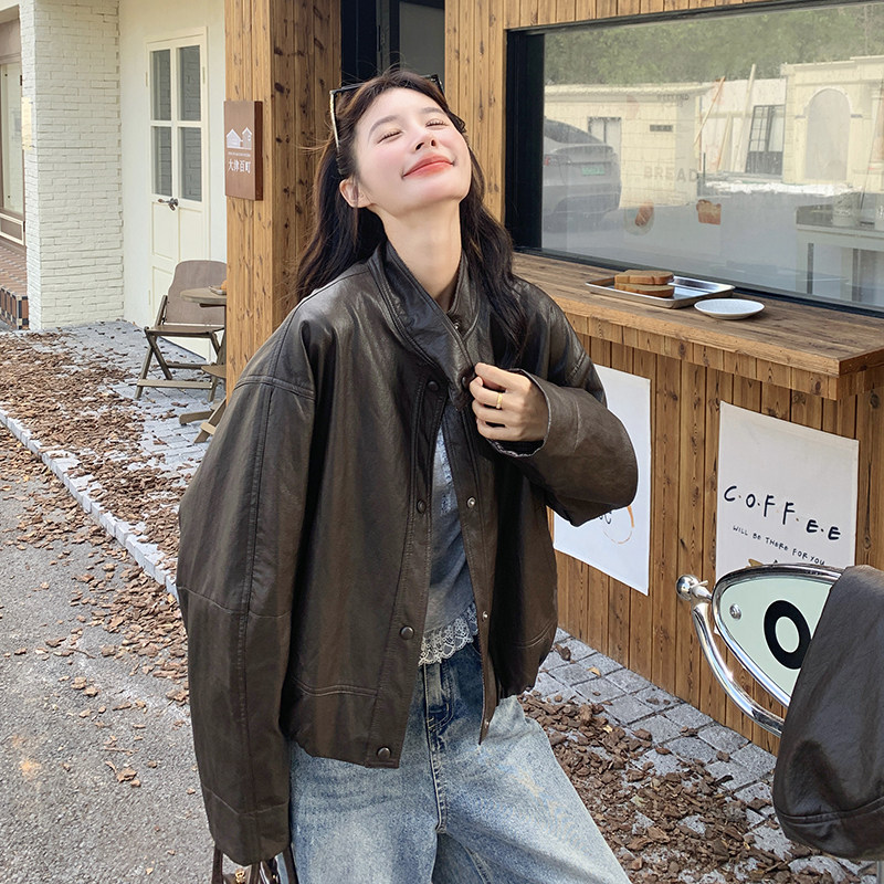 咖绿色美拉德穿搭格子连帽皮衣外套女2025秋季新款小个子pu皮夹克,女装皮衣,2C092