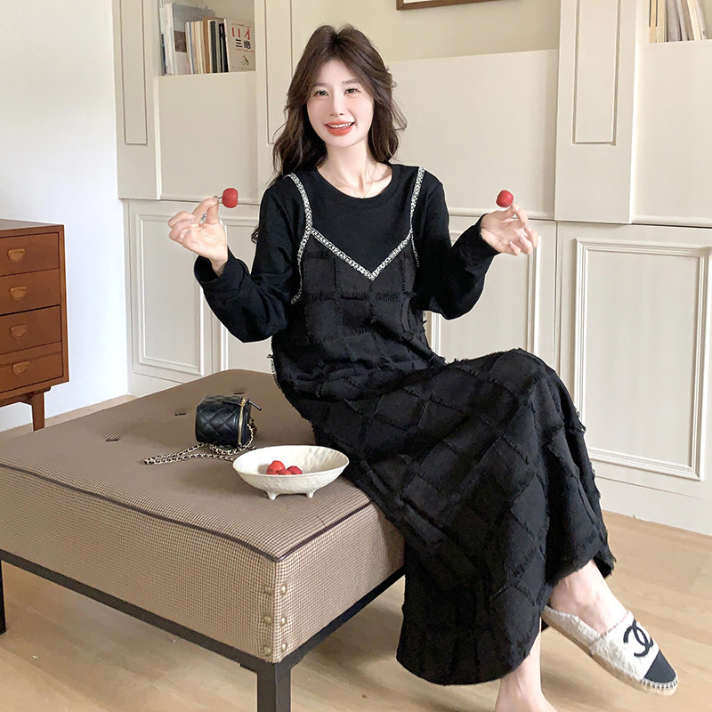 黑色假两件拼接连衣裙女2025春季新款独特设计感宽松显瘦过膝长裙,女装连衣裙,2D043