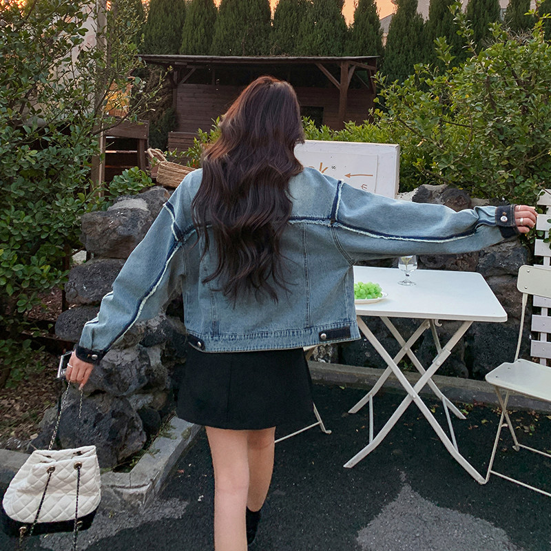 舒适秋季纯色水洗硬汉风春季牛仔短外套短款少女风女春秋小个子,女装短外套,2C092