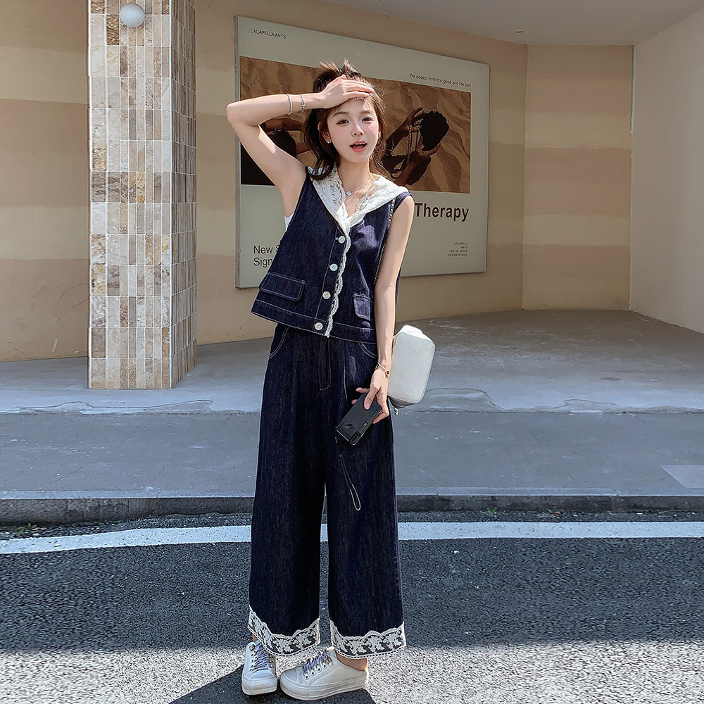 现货夏季新款休闲牛仔拼接蕾丝套装2C098-8538P165K238,女装套装/套裙,2C098
