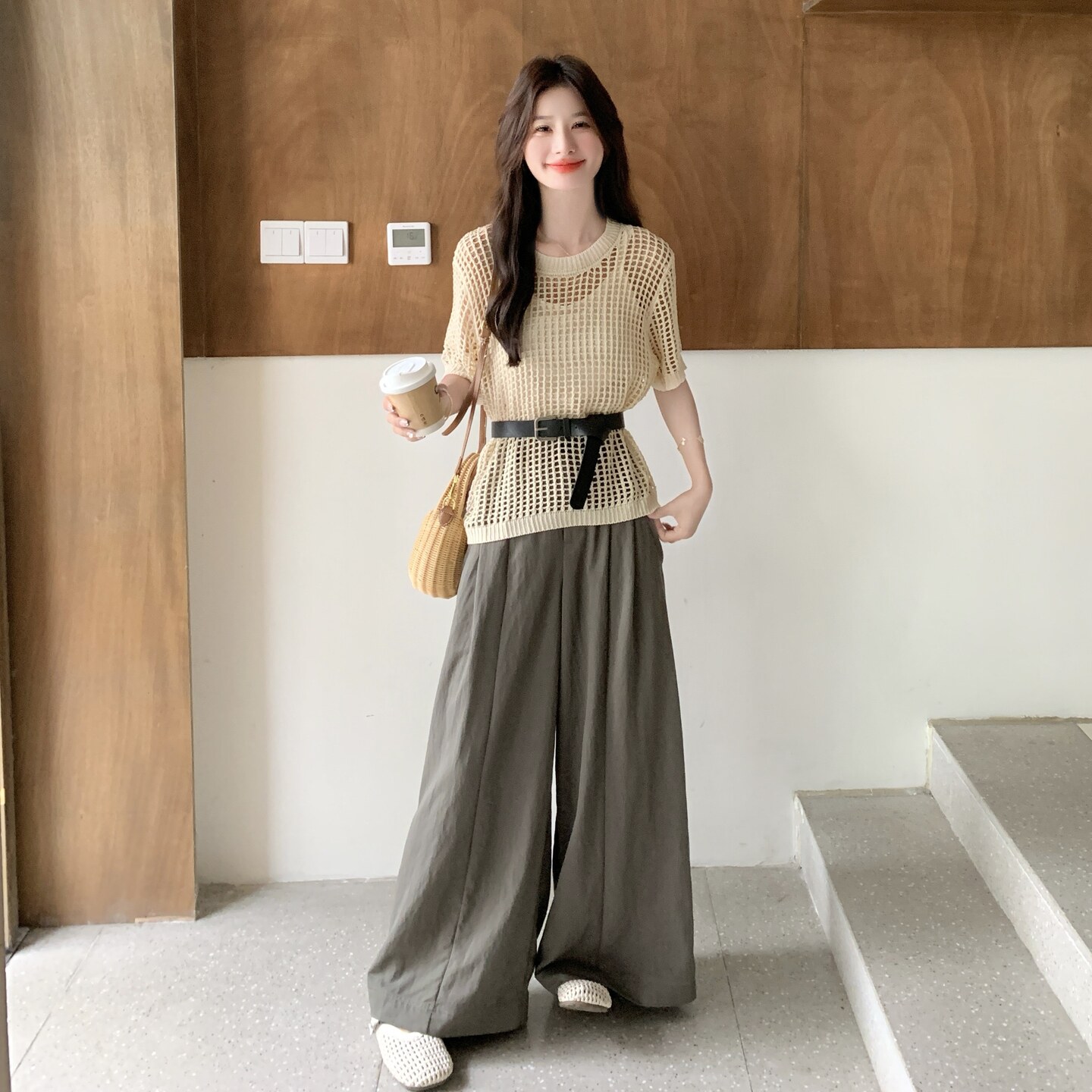 韩系休闲气质套装女2025夏季新款氛围感针织镂空上衣阔腿裤三件套,女装套装/套裙,2C135