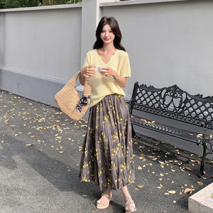 韩系温柔风针织v领上衣碎花半身裙套装女2025夏季新款气质两件套图片
