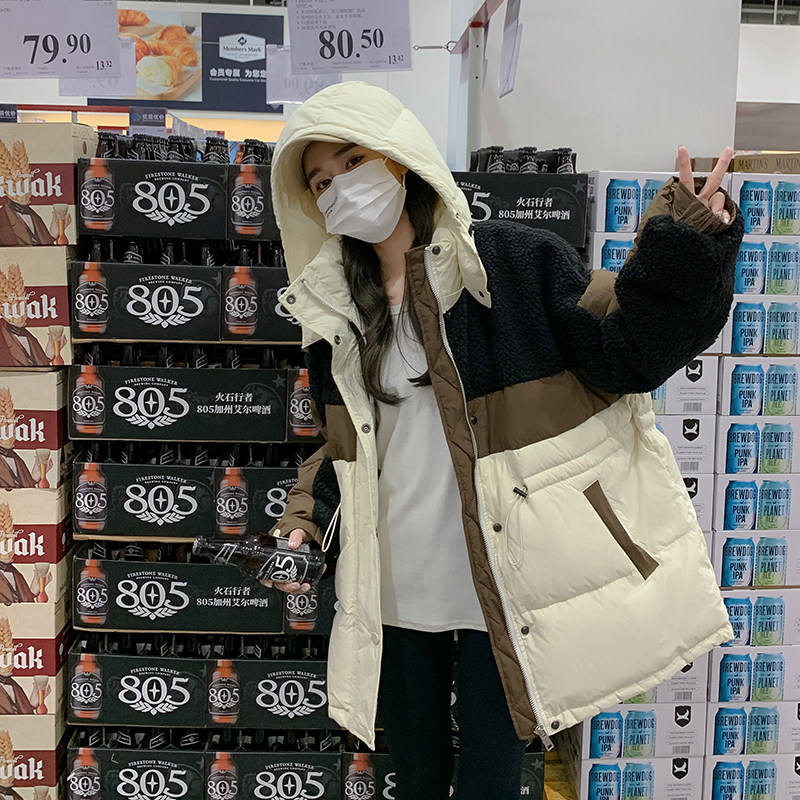 【现货】宽松羊羔毛拼接90白鸭绒潮牌羽绒服2258P275控428,女装羽绒服,2C166