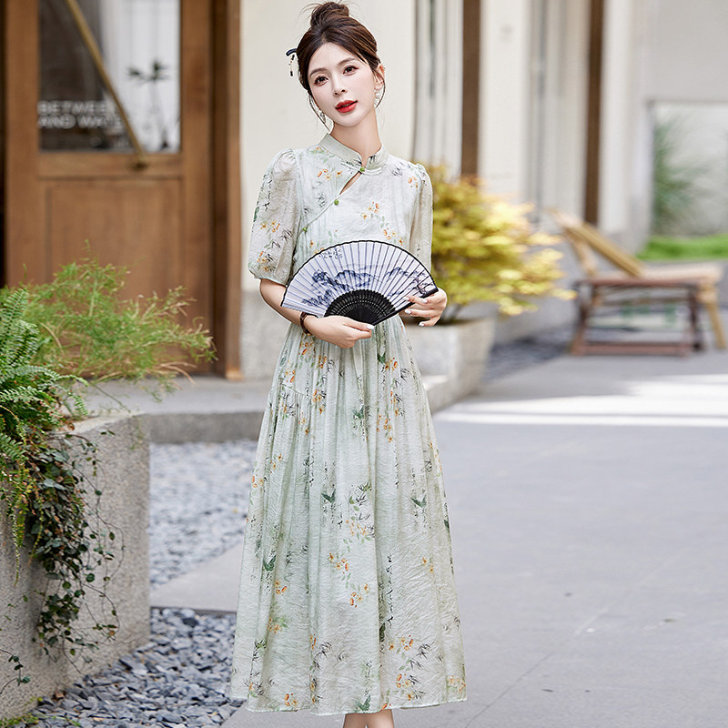 2025夏季新中式连衣裙长款印花盘扣立领,女装连衣裙,2C290