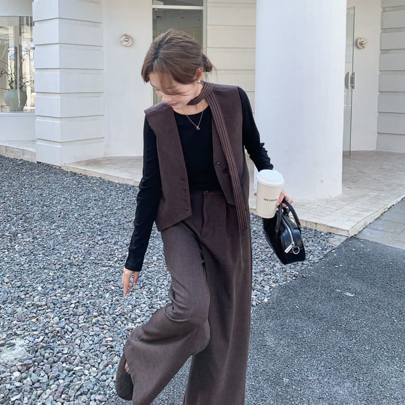 咖色复古气质通勤V领马甲套装女2025秋季老钱风休闲阔腿裤两件套图片