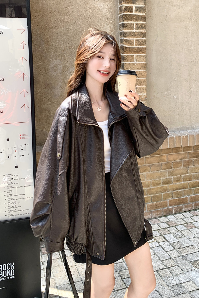 咖色美式高级感炸街甜酷风皮衣外套女2025秋季新款机车范pu皮夹克,女装短外套,2C177