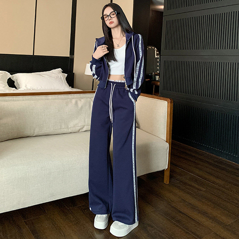女春新款洋气减龄气质拉链连帽卫衣阔腿裤两件套图片