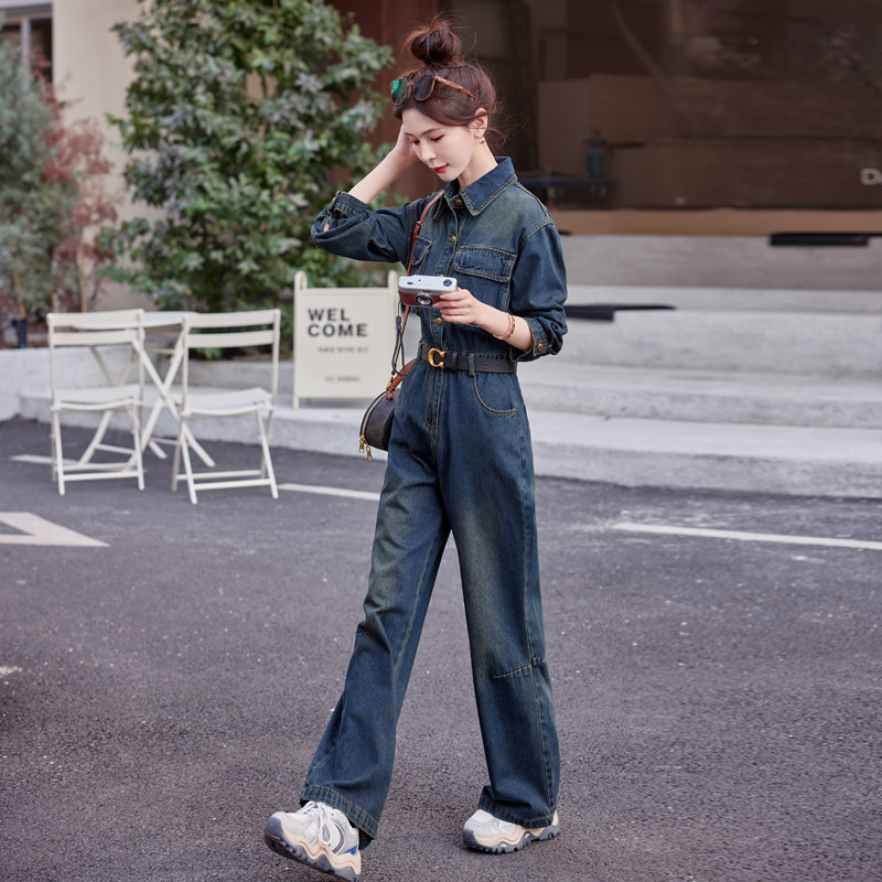 （新款现货）2025春装复古色立体口袋阔腿裤牛仔连体裤（配腰带）,女装连体裤,1D060