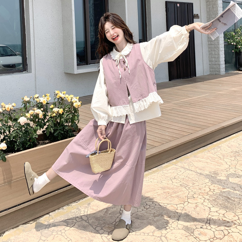 甜美少女粉色马甲叠穿长袖衬衫套装女春秋独特漂亮裙子减龄三件套,女装套装/套裙,2C056