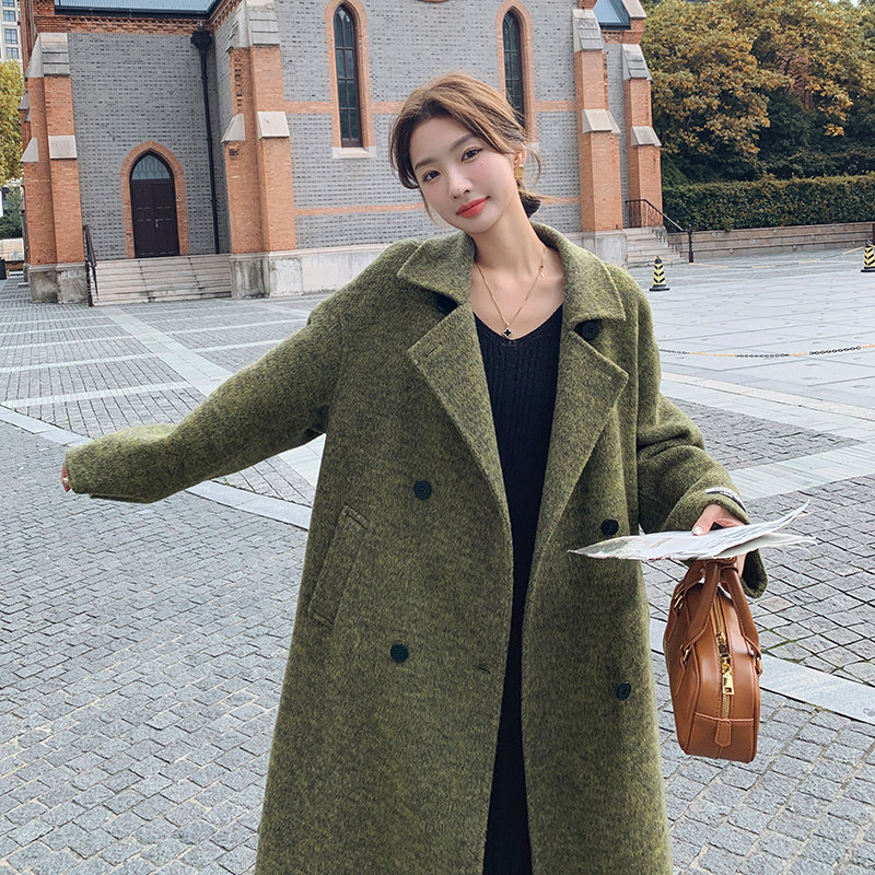 复古绿色长款毛呢大衣女2025冬季新款气质高级感加厚显瘦呢子外套,女装毛呢外套,2C073