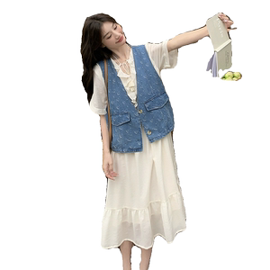法式白色连衣裙牛仔马甲套装女2025夏季新款显瘦茶歇长裙两件套图片