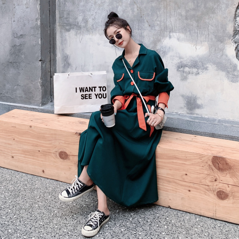 墨绿色休闲显瘦连衣裙女2025春秋季新款法式高级感气质长袖衬衫裙,女装连衣裙,2C056