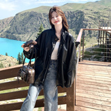 设计感皮衣外套女春秋款宽松休闲百搭上衣潮酷洋气中长款PU皮夹克，女装短外套，2C166