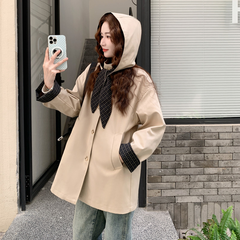 卡其色格子拼接风衣外套女2025秋季新款韩版今年流行气质时尚大衣,女装风衣,2C115