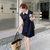 藏青色蕾丝翻领无袖衬衫上衣套装女2025夏新款休闲阔腿短裤两件套，女装套装/套裙，2C258