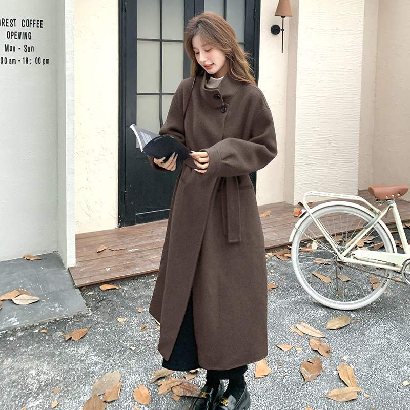 韩版气质立领中长款双面羊绒大衣女2025冬季新款显瘦加厚呢子外套,女装毛呢外套,2C009