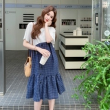撞色拼接格子连衣裙女夏2025新款慵懒风宽松遮肚显瘦减龄T恤长裙，女装连衣裙，2C325