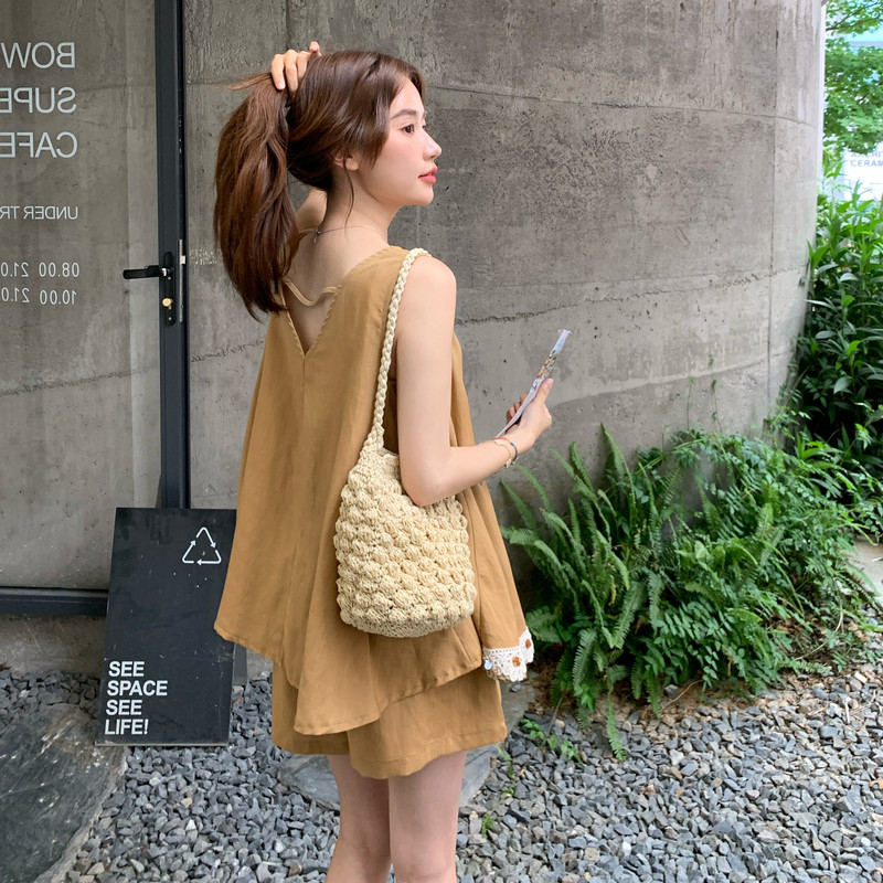 休闲随性小个子套装女2025夏季新款简约v领背心阔腿短裤两件套潮,女装套装/套裙,2C159